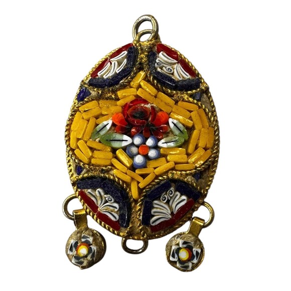 Micro Mosaic Multi-Color Floral Tile Gold Tone Italian Pendant - Picture 1 of 5